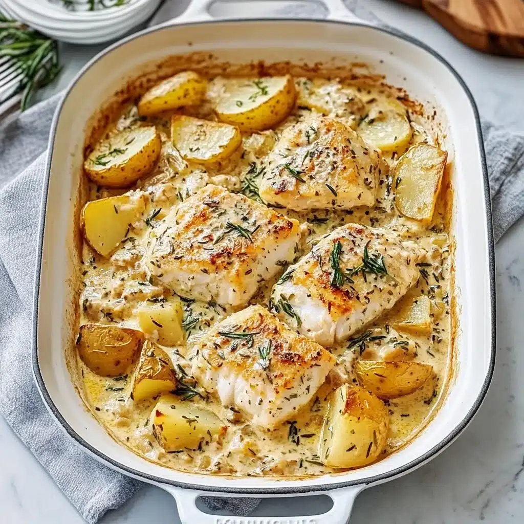 two pictures of chicken and potatoes in creamy cream sauce