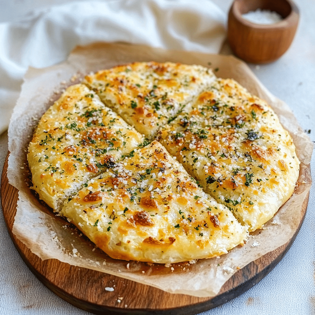 garlic parmesan focaccia bread in a casserole dish with text overlay