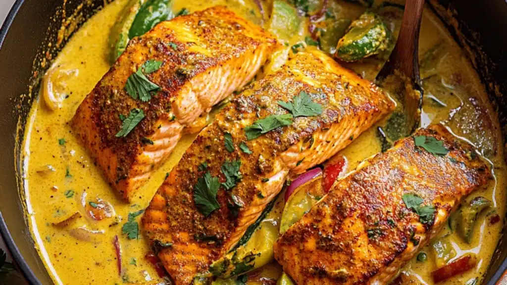 two pictures of fish in coconut curry with limes on top and the same image above