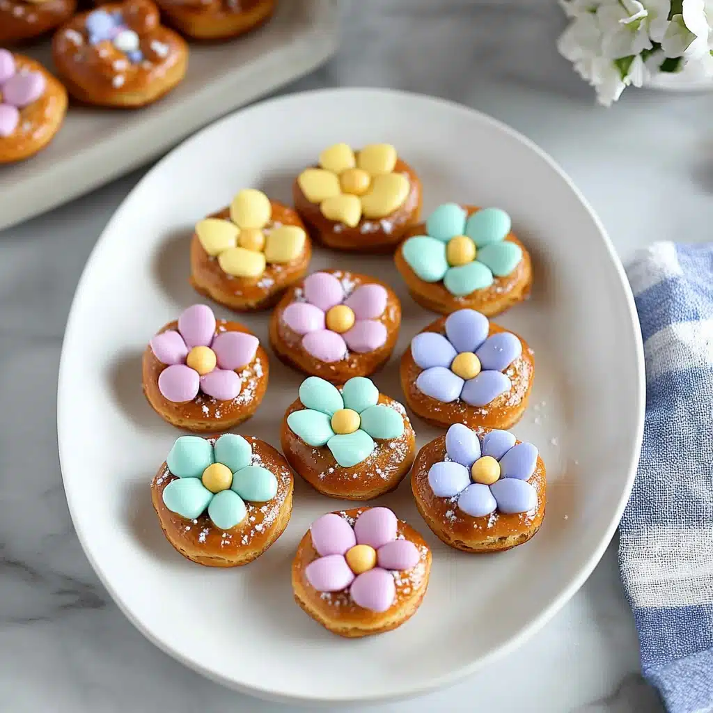 colorful candies are arranged on a plate with the words spring flower pretzel bites