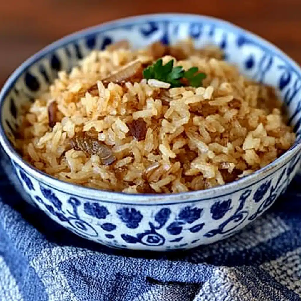 delicious french onion butter rice in a skillet