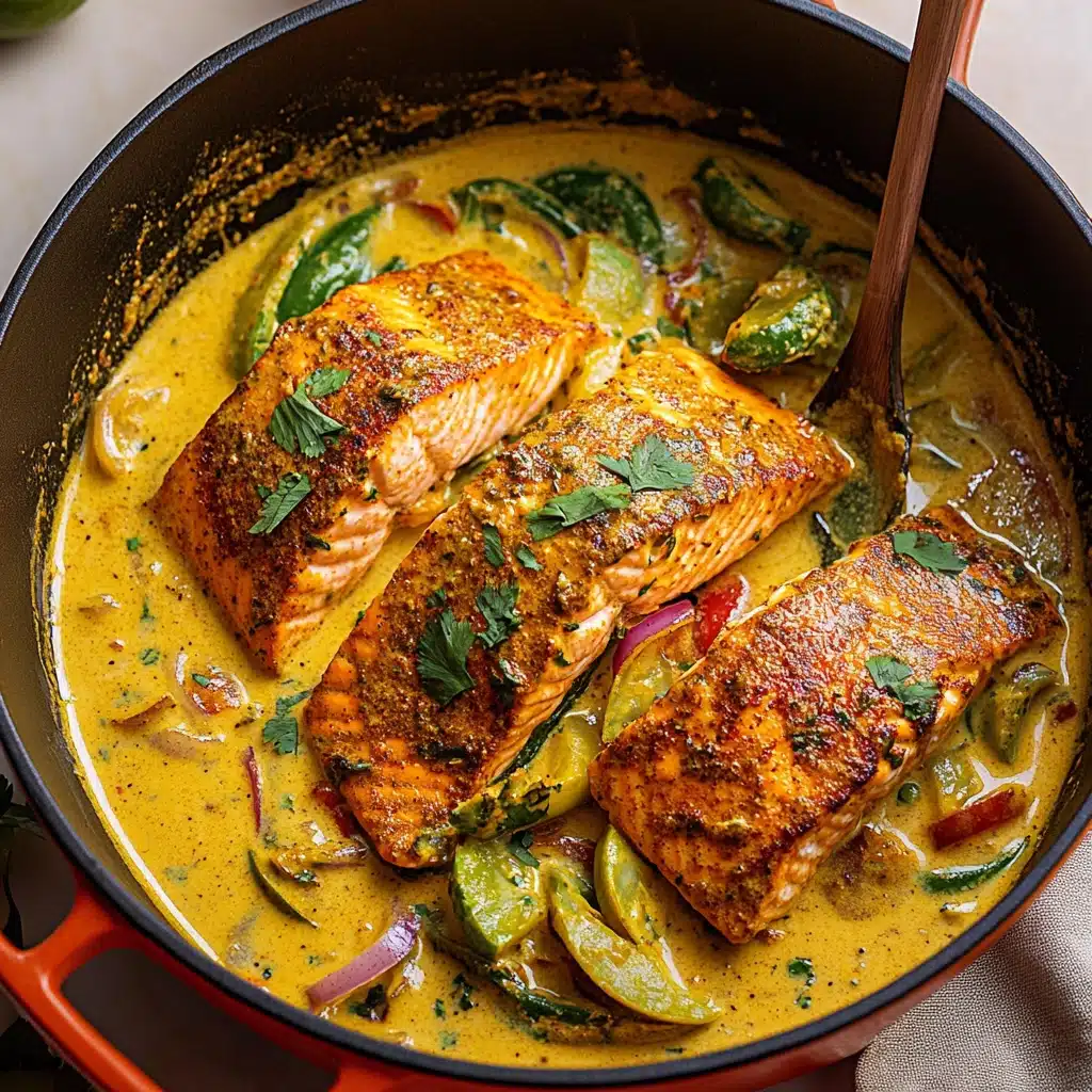 two pictures of fish in coconut curry with limes on top and the same image above