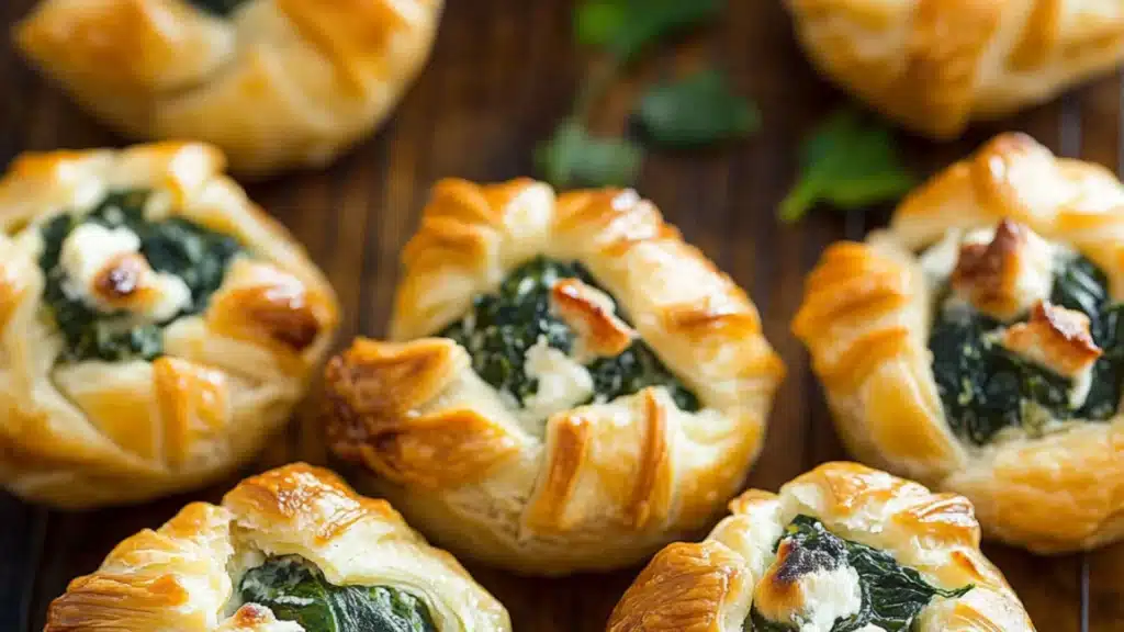 several different types of breads with spinach on top