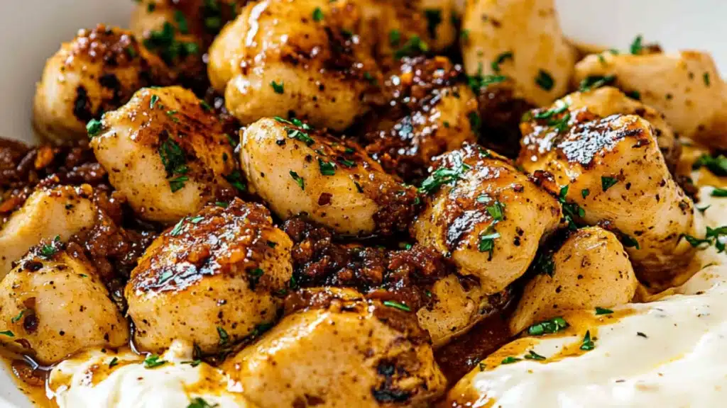 chicken bites with garlic sauce being drizzled over them on top of a plate