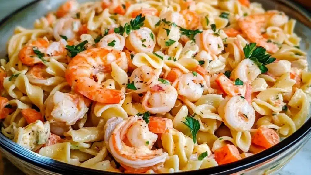 a glass bowl filled with pasta and shrimp