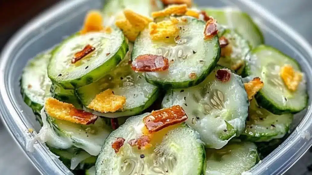 a plastic container filled with cucumber and bacon salad on top of a wooden table