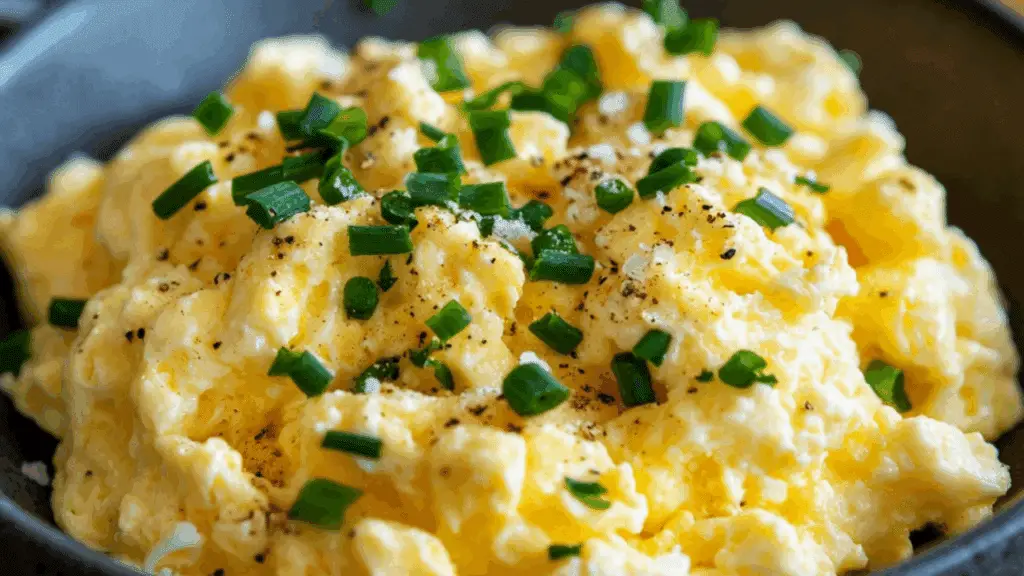creamy cottage cheese scrambled eggs in a bowl with text overlay that reads creamy cottage cheese scrambled eggs