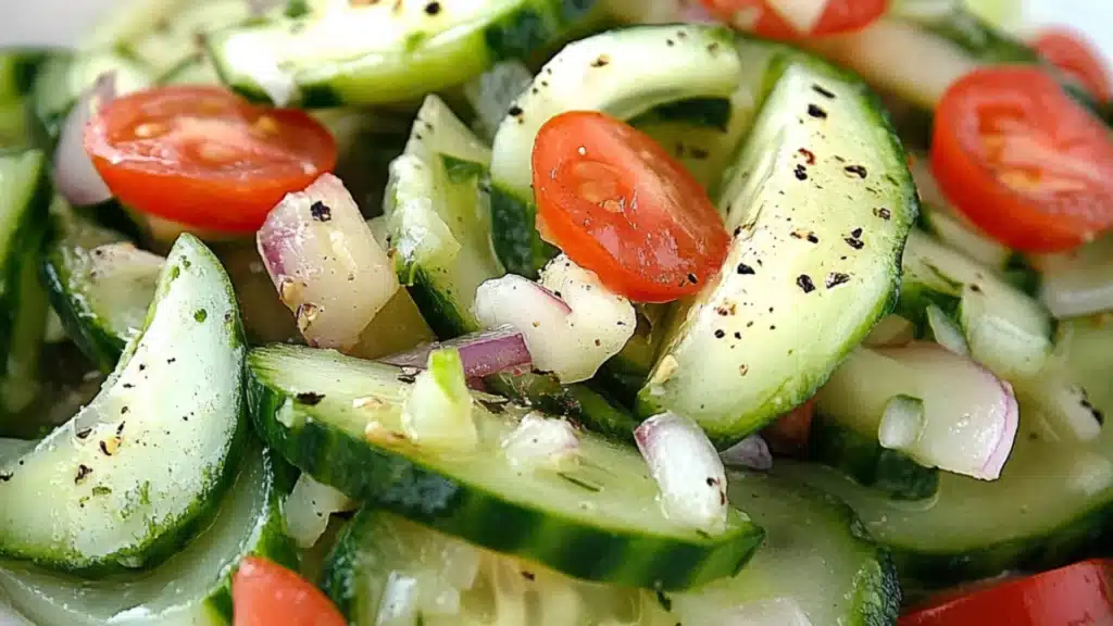 a white plate topped with cucumber salad and text that reads mom's classic tomato and cucumber salad