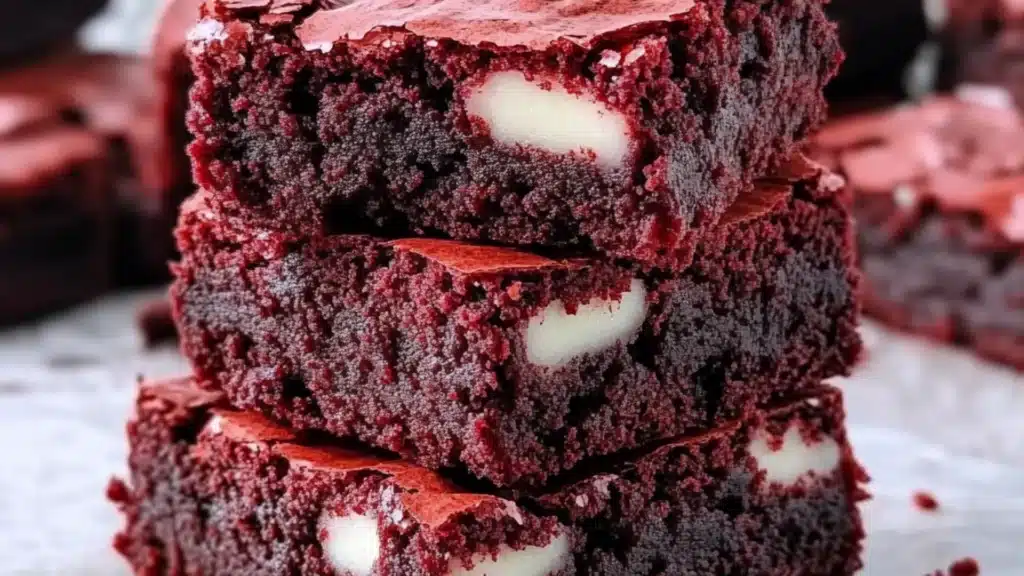 red velvet brownies are stacked on top of each other with the words, red velvet brownies