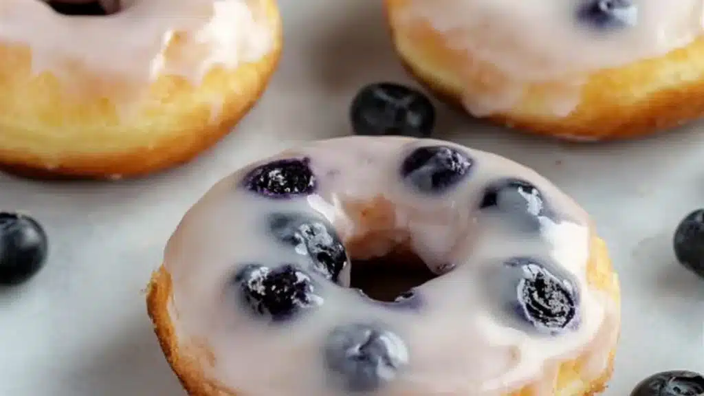 lemon blueberry baked donuts on a cooling rack and being drizzled with icing
