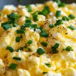creamy cottage cheese scrambled eggs in a bowl with text overlay that reads creamy cottage cheese scrambled eggs