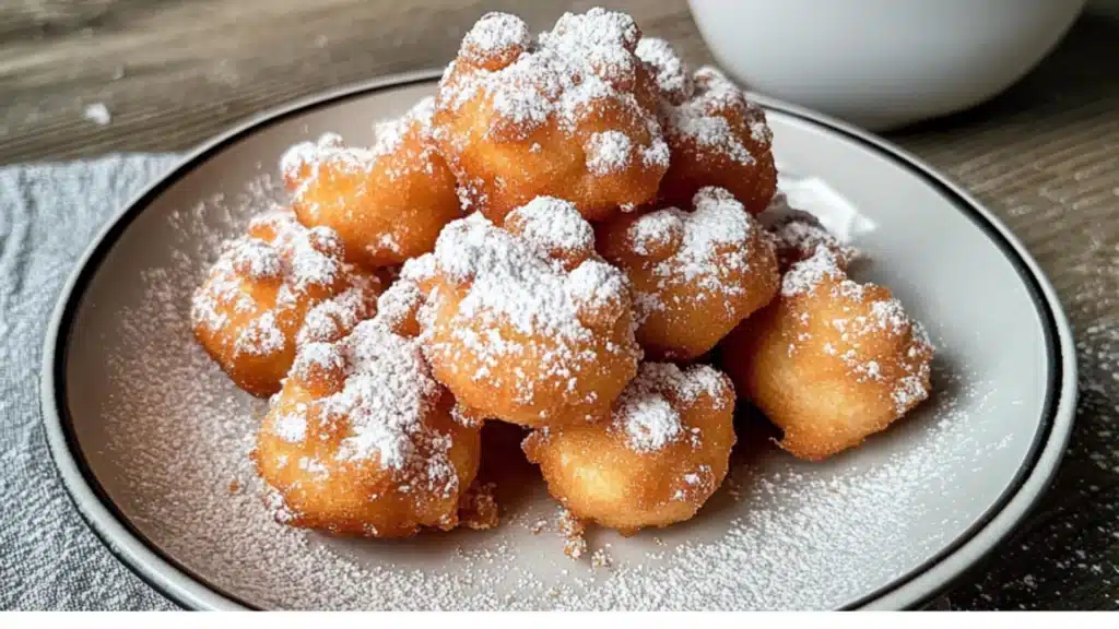 the funnel cake bites are covered in powdered sugar and sprinkled with icing