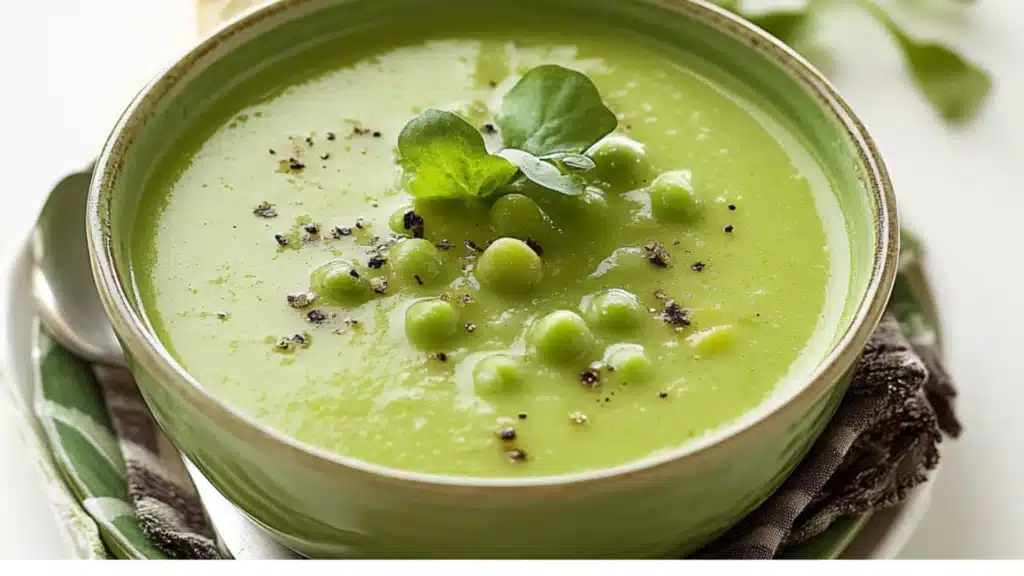 broccoli and pea soup in a pan with the words how to make cream of pea soup