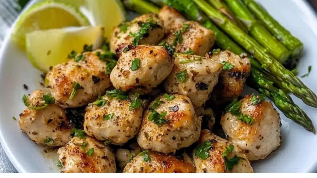chicken and asparagus in a skillet with lemon wedges