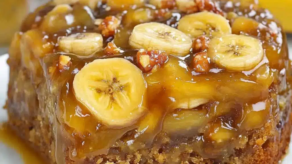 banana upside down cake with ice cream on top and bananas in the background text reads, banana upside down cake