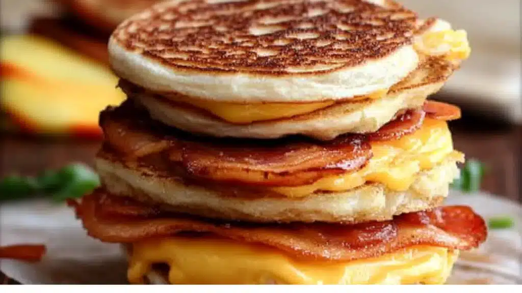 a stack of pancakes with cheese on top and the words, quick & tasty homemade mcgridle