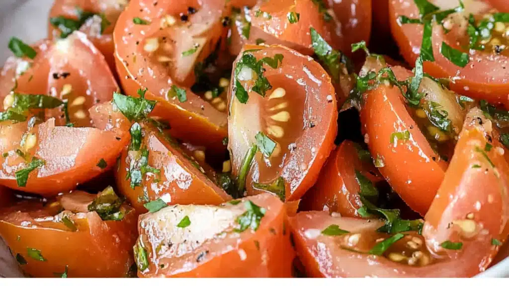 a white plate topped with sliced tomatoes and herbs