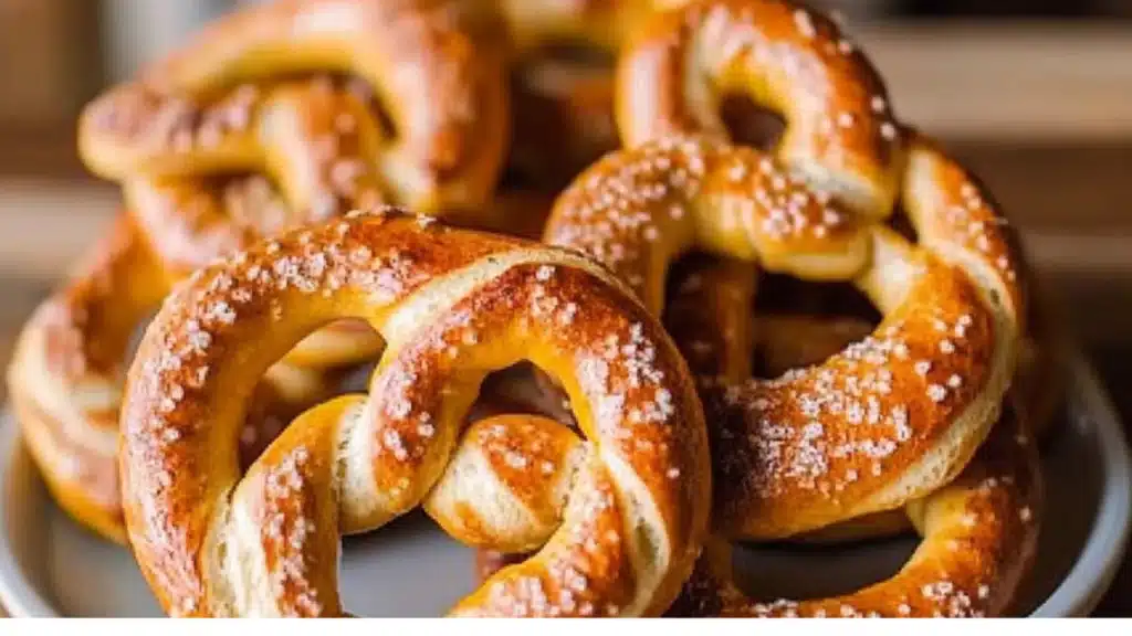 homemade soft pretzels on a wooden table