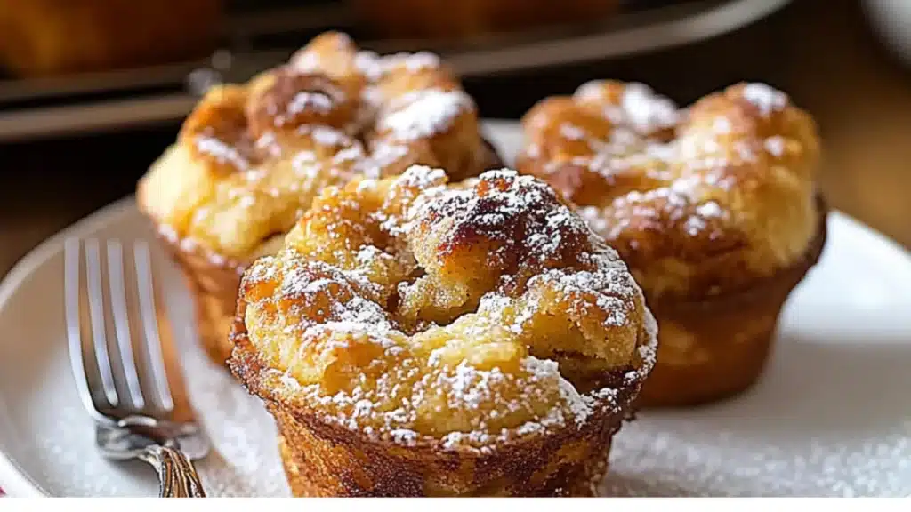 french toast muffins on a white plate with powdered sugar and the words quick & delicious