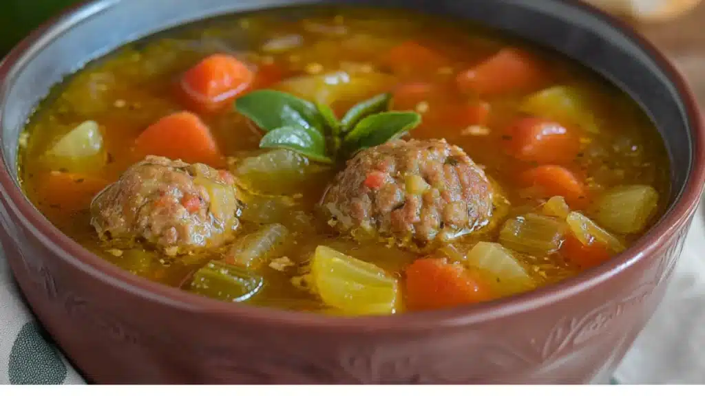 a bowl of meatball vegetable soup with the title overlay