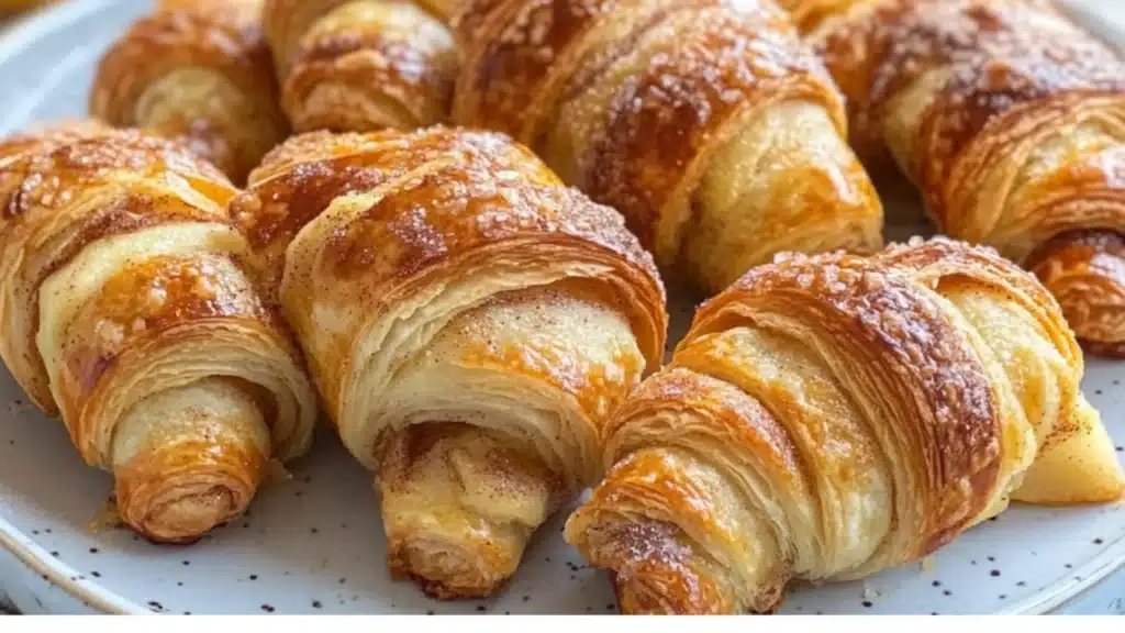 apple slices and cinnamon croissants are on a baking sheet before and after they have been baked