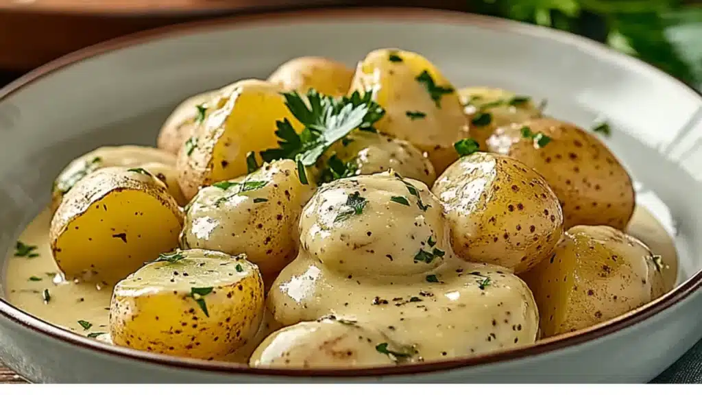 garlic sauce baby potatoes in a white bowl