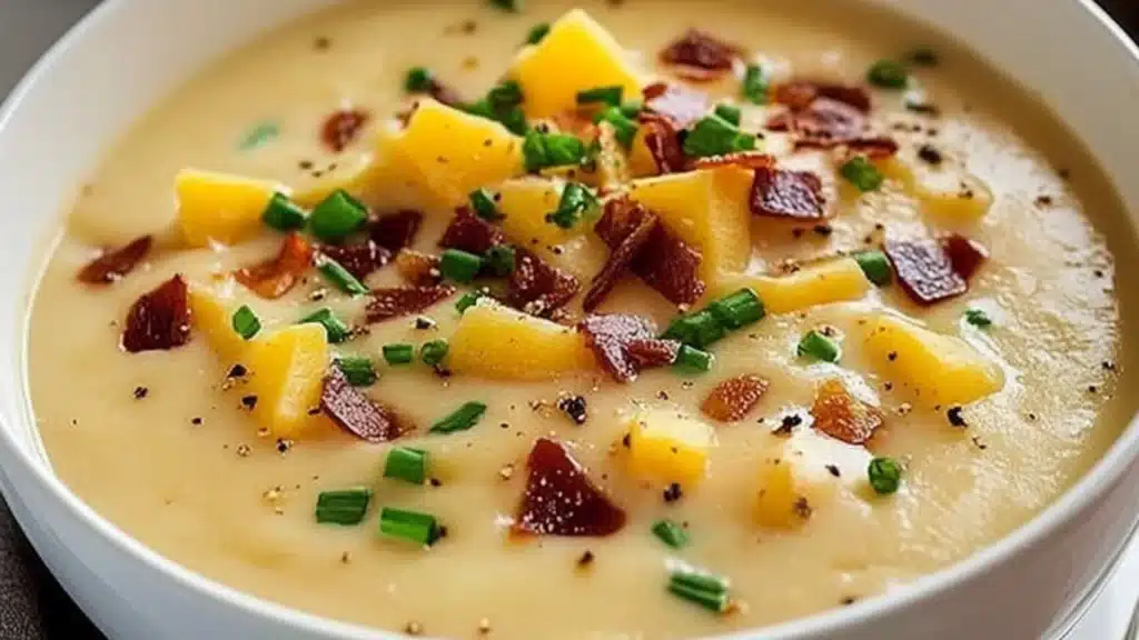 a bowl of soup with cheese and bacon in it next to bread on the side