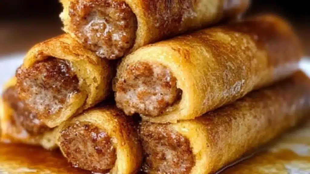 sausage french toast roll - ups on a white plate with the words sausage french toast rolls