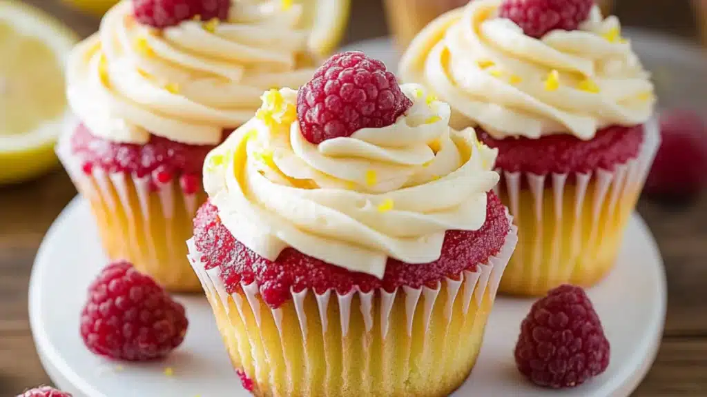 raspberry lemon heaven cupcakes with white frosting and fresh raspberries on top