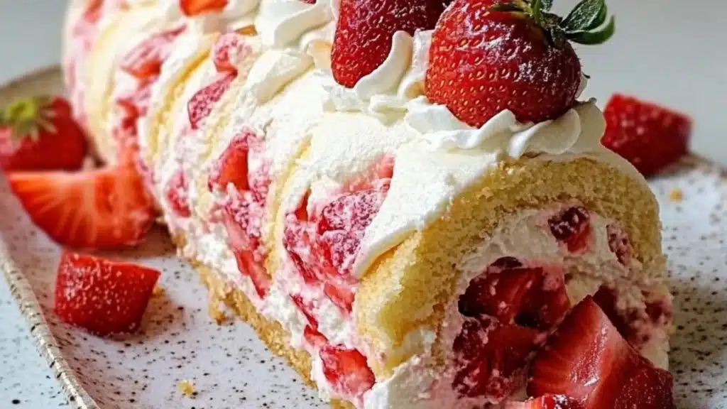 strawberry shortcake cheesecake rolls on a white plate
