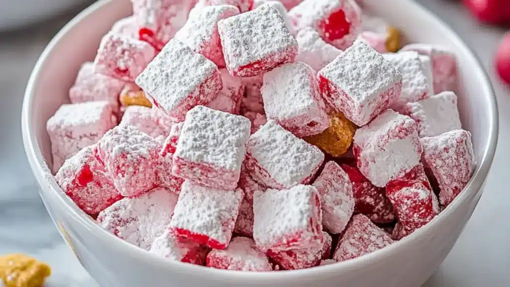 cherry cheesecake puppy chow recipe in a bowl