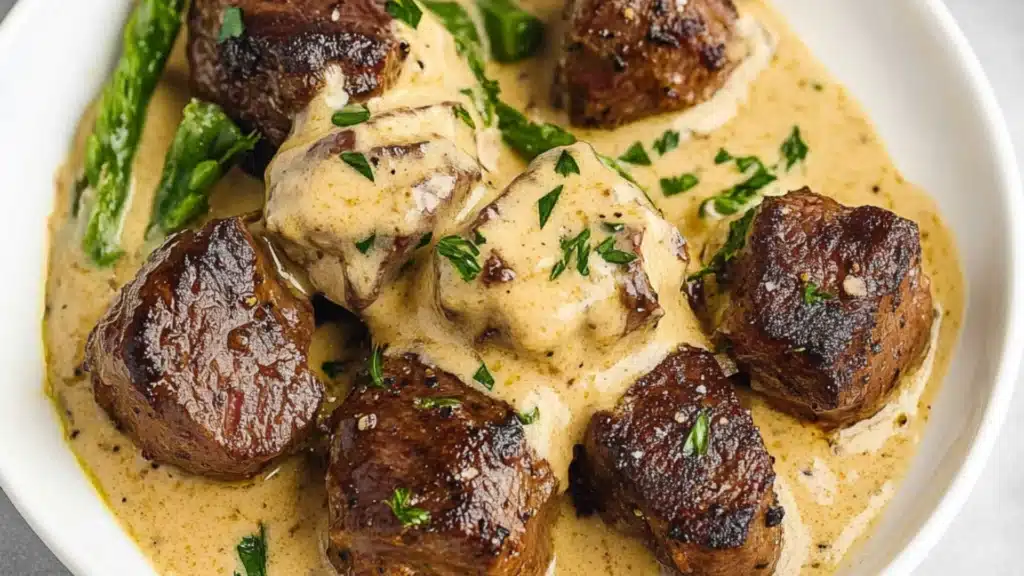 a white plate topped with meat covered in gravy and garnished with parsley