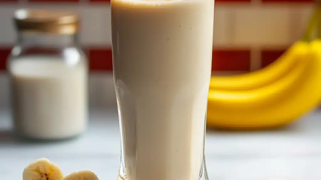 two glasses of milk and bananas on a cutting board with the words korean banana milk