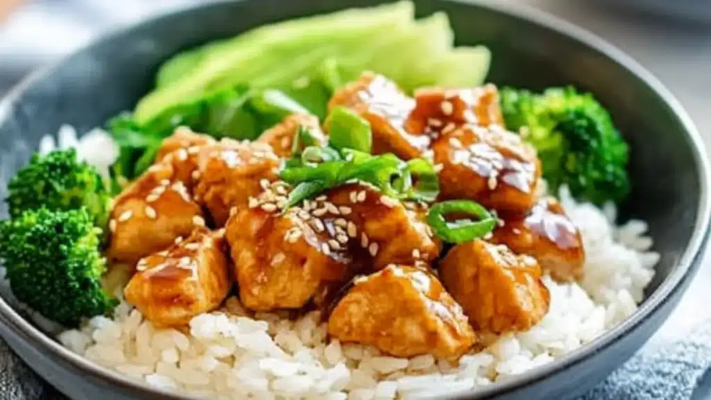 two bowls filled with rice, chicken and broccoli covered in teriyaki sauce