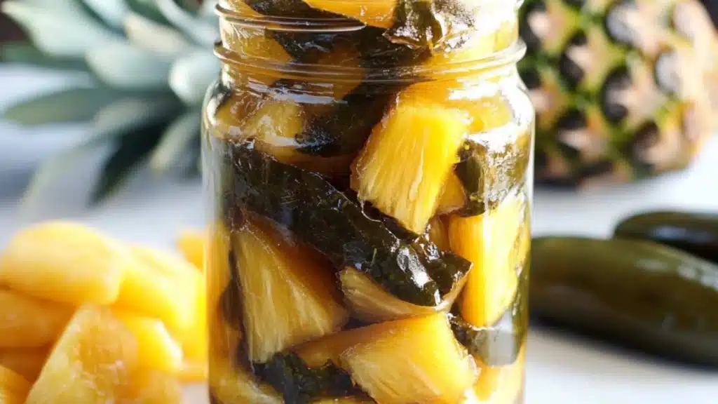 pineapple cowboy candy in a jar with mountains in the background and text overlay