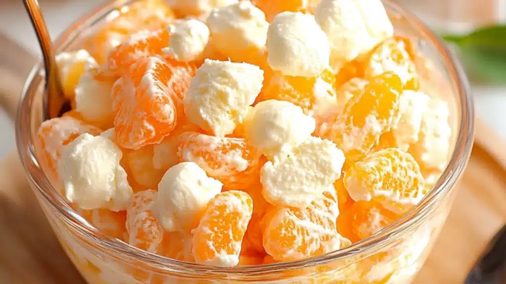 oranges and marshmallows in a bowl with text overlay that reads easy & tasty sunshine salad