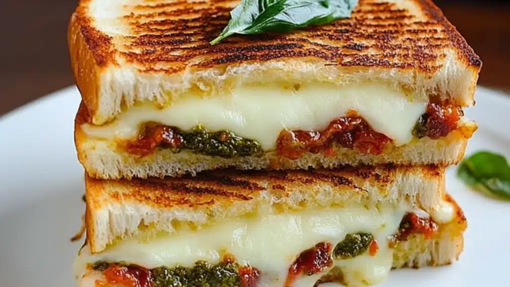 the sun dried tomato bacon pesto grilled cheese sandwich is cut in half and stacked on top of each other