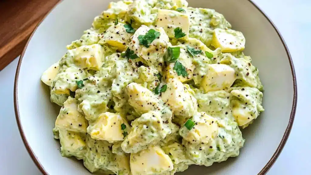 avocado egg salad on a white plate with the words low carb healthy keto
