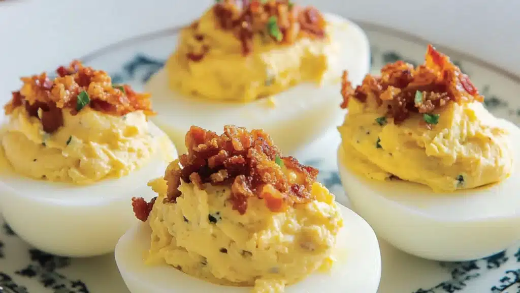 deviled eggs topped with bacon and green onions