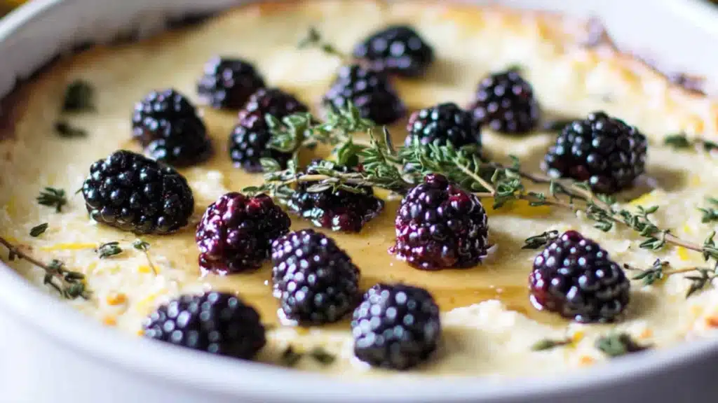 baked lemon ricotta dip with blackberrys and honey