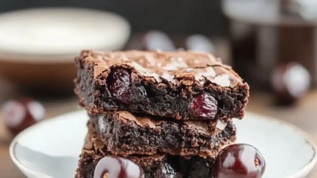 chocolate cherry brownies on parchment paper with cherries in the background and text overlay