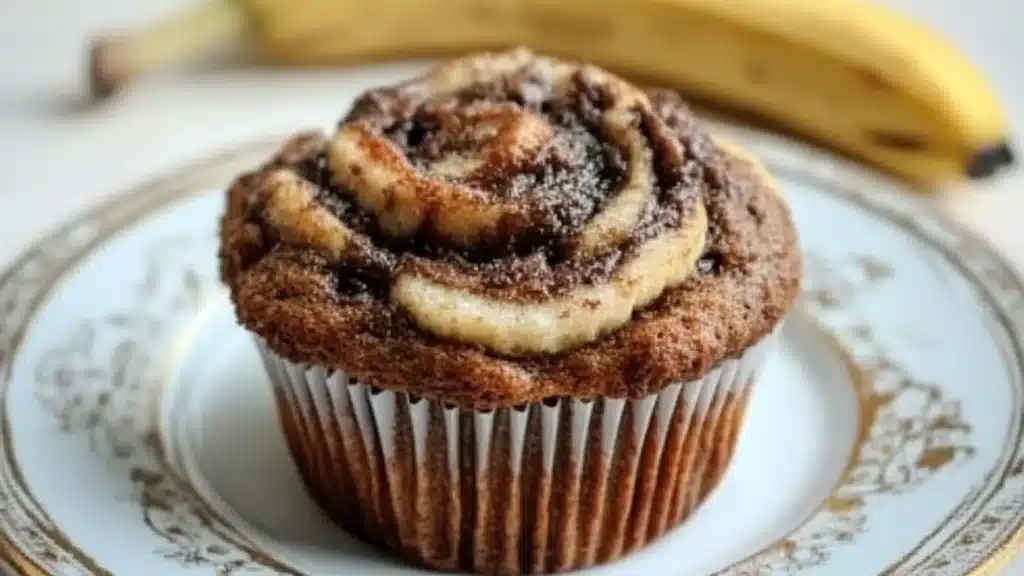 nutella banana muffins with chocolate frosting in the middle and one cut in half