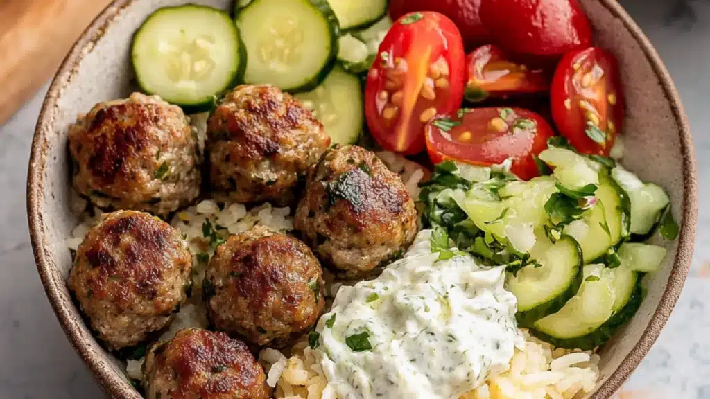 a plate with meatballs, rice and cucumber salad on it next to a fork