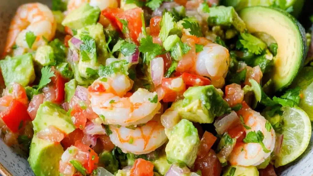 shrimp salad with avocado and tomatoes in a bowl