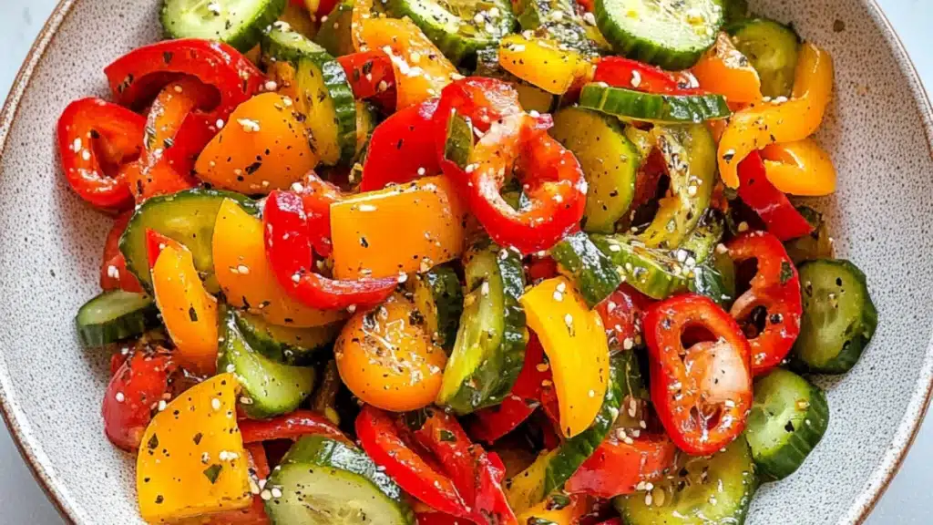 a salad with peppers, bell peppers and other vegetables in it is featured on the cover of healthy & easy