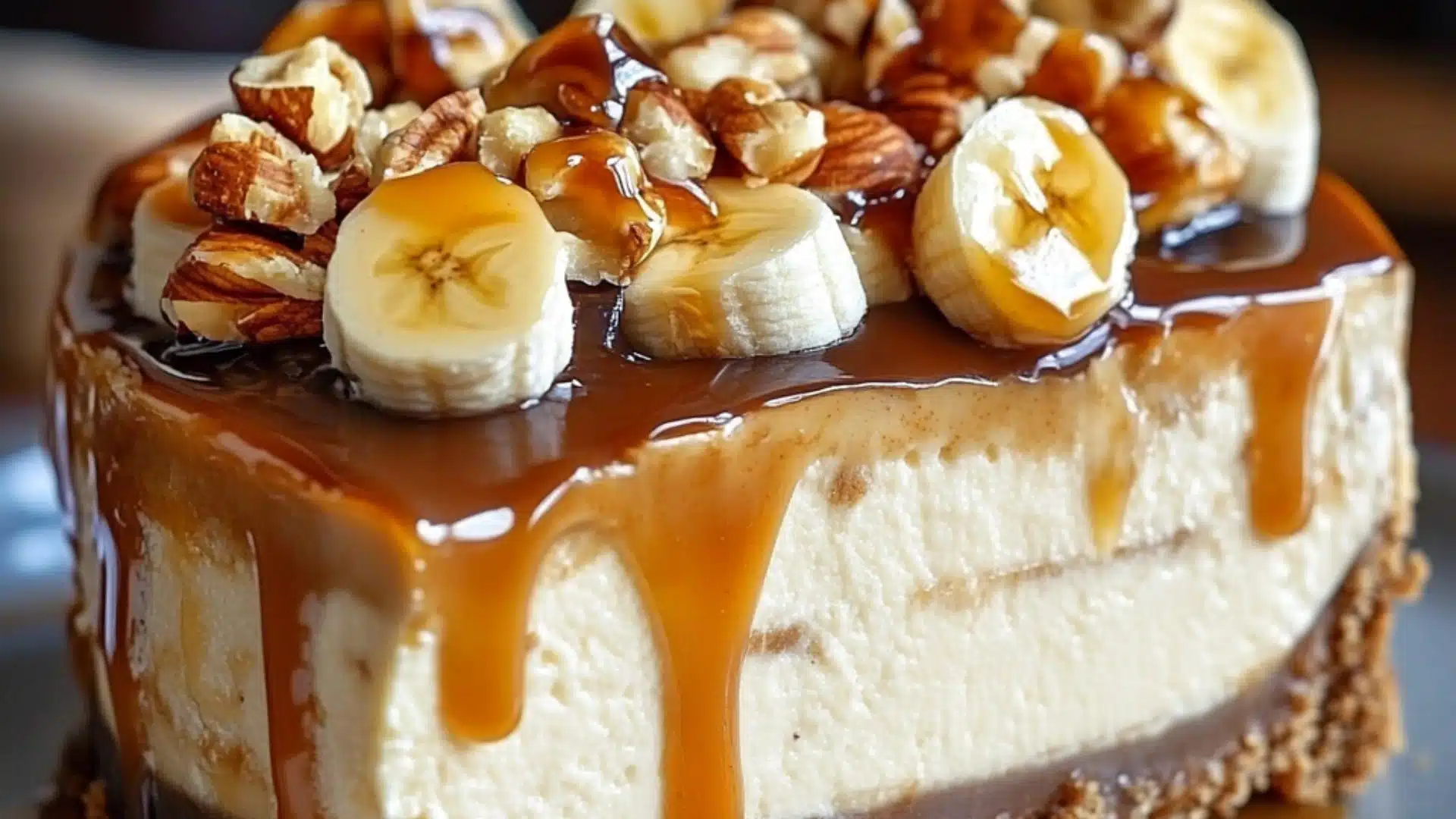 homemade banana pudding cheesecake squares with bananas on top