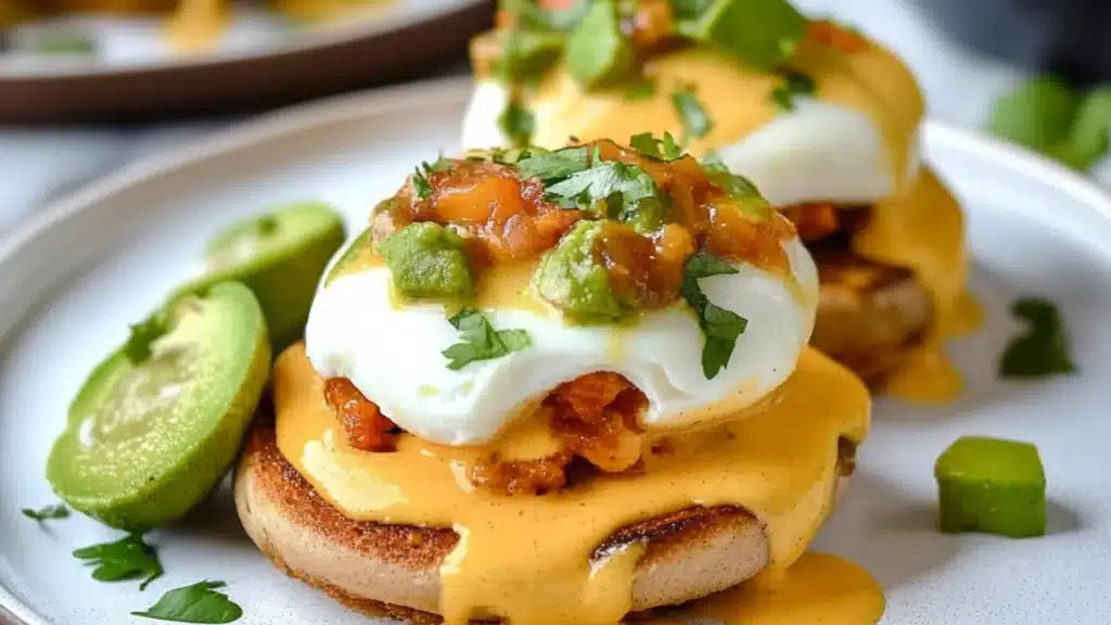 two appetizers are sitting on a plate with sauce and green garnish