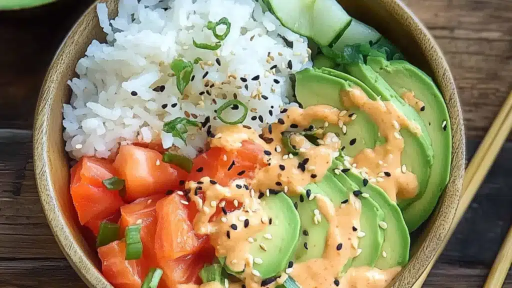 two bowls filled with different types of food and the words california roll sushi bowls