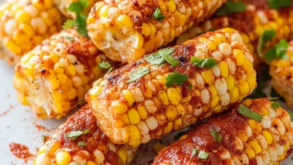 a black plate topped with corn covered in seasoning and garnished on top of a wooden table