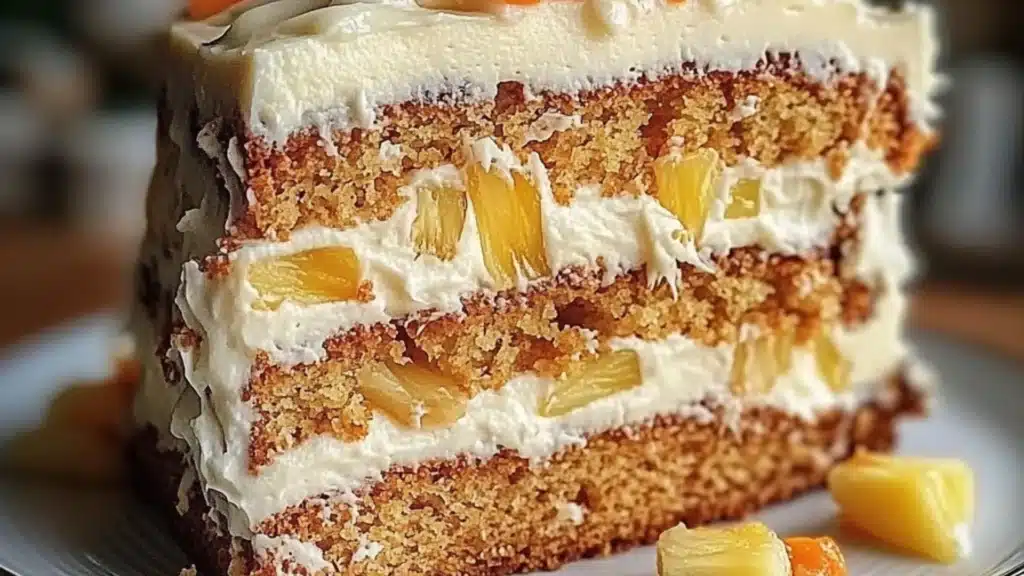 two pictures of a piece of cake with white frosting and pineapple toppings
